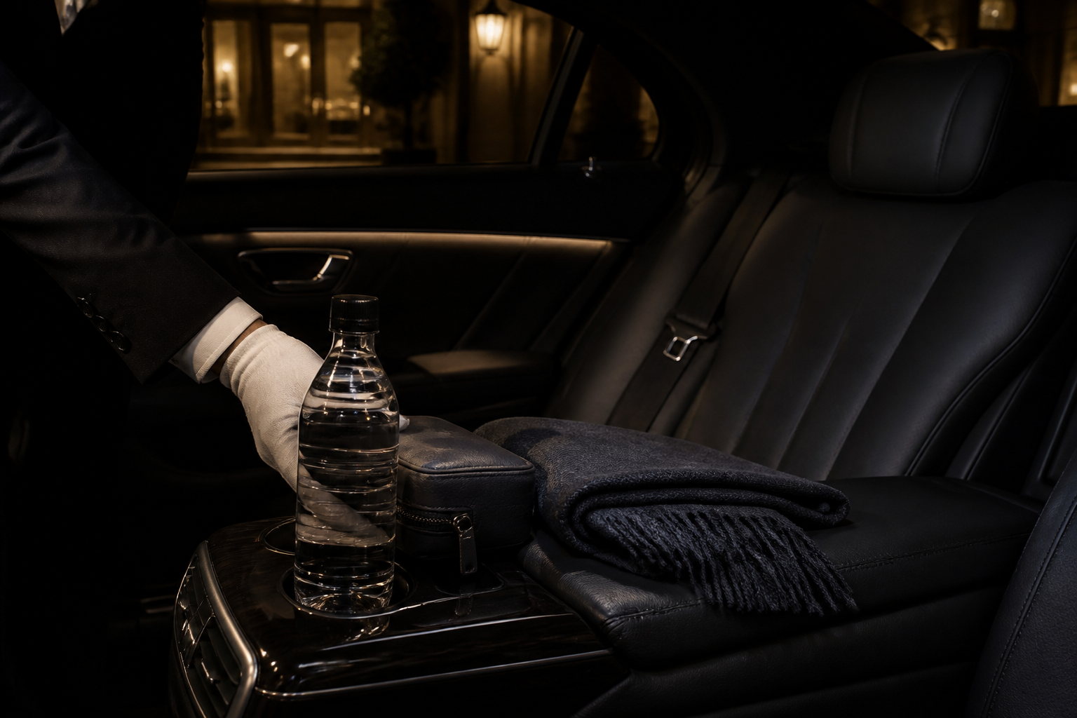 Chauffeur preparing bottled water, a travel blanket and personal amenities in a luxury vehicle