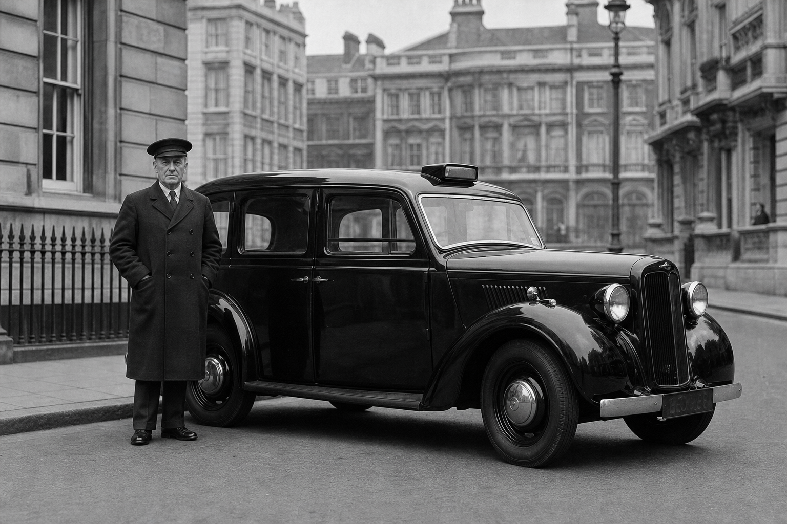 A London black cab and driver in the 1950s, representing the Moss family driving heritage